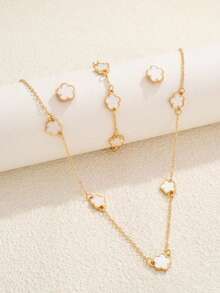 3pcs/Set Fashion Clover & Flower Pendant Necklace, Bracelet, Earrings Jewelry Set, Versatile Lucky Choker, Wristband & Earring Suit, Gift For Friends - White - View 11