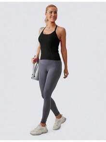 Workout Tops Women With Built In Bra, Sleeveless Gym Tops Seamless Racerback Athletic Yoga Shirts, Activewear - 黑色 - 查看 5