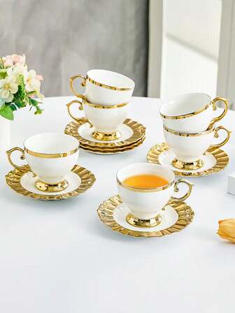 1pc Gold-Rimmed Coffee Cup Set, Luxury European Style Ceramic Cup & Saucer, High-End Aesthetic For Hotel, American Style, Afternoon Tea