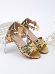 Sandali da ragazza Zantong con fibbia gioiello dorata, intrecciati, sandali estivi con tacco alto per bambini, semplici e scintillanti, con punta aperta, scarpe da festa da principessa eleganti per bambini piccoli e grandi