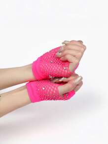 1 Pair Rhinestone Mesh Decor Fuchsia Party Gloves
