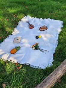 1 件加厚涤纶野餐毯 - 70.8 英寸 X70.8 英寸（180x180 厘米）防潮便携式户外沙滩垫，适用于露营、公园、旅行 - 可机洗，奶油色/白色，耐用多用途沙发套 - 彩色 - 查看 3