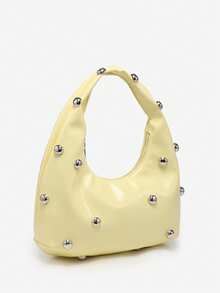 1pc Women's Vintage Punk/Hippie Style Rivet Crochet Woven & Faux Leather Large Capacity Crescent Shoulder Bag, Suitable For Outings, Parties And Daily Use - 黃色 - 查看 2