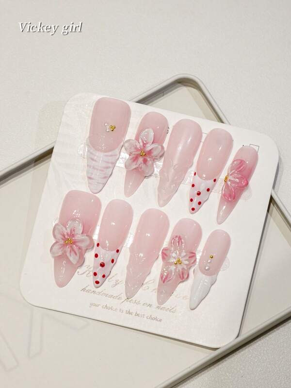 أظافر وردية مطبوعة بنقاط وأزهار بسيطة، عملية متعددة الوظائف، لوازم أظافر