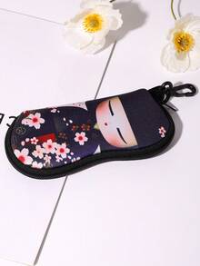 1pc Kawaii Japanese Puppet Doll Print Rubber Eyeglass Case With Keychain Durable Zippered Pouch For Men & Women Fits Various Eyeglass Styles Eywear Accessory
