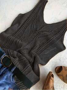1 pièce Débardeur tricoté élégant pour femmes grandes tailles - Col V, sans manches, couleur unie polyvalente, blouse décontractée, convient pour le printemps et l'été