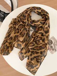 1pc American Chic Vintage Leopard Print Scarf, Luxurious Silky Long Scarf Shawl, Lightweight Linen Feel Neckerchief - Brown - View 2