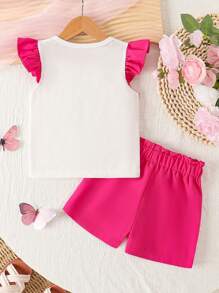 2pcs/Set Baby Girls Cute Bow Print Cap Sleeve Top + Solid Bow Decor Casual Shorts Set