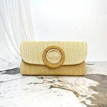 Multi-Layered Twisted-Lock Flap Rhinestone Hardware Straw Handbag, Vacation Travel Tote, New Straw Bag With Rhinestone Flower Design, Woven Mini Square Purse, Beach Accessory - Khaki - View 6