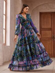 Women Vintage Floral Long Sleeve Frill Trim Summer Maxi Dress