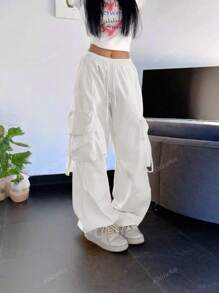 Street High Waist Flap Pocket Drawstring Waist Elastic Hem Ruched Casual Wear Wide Leg Parachute Cargo Pans Y2K Music Festival