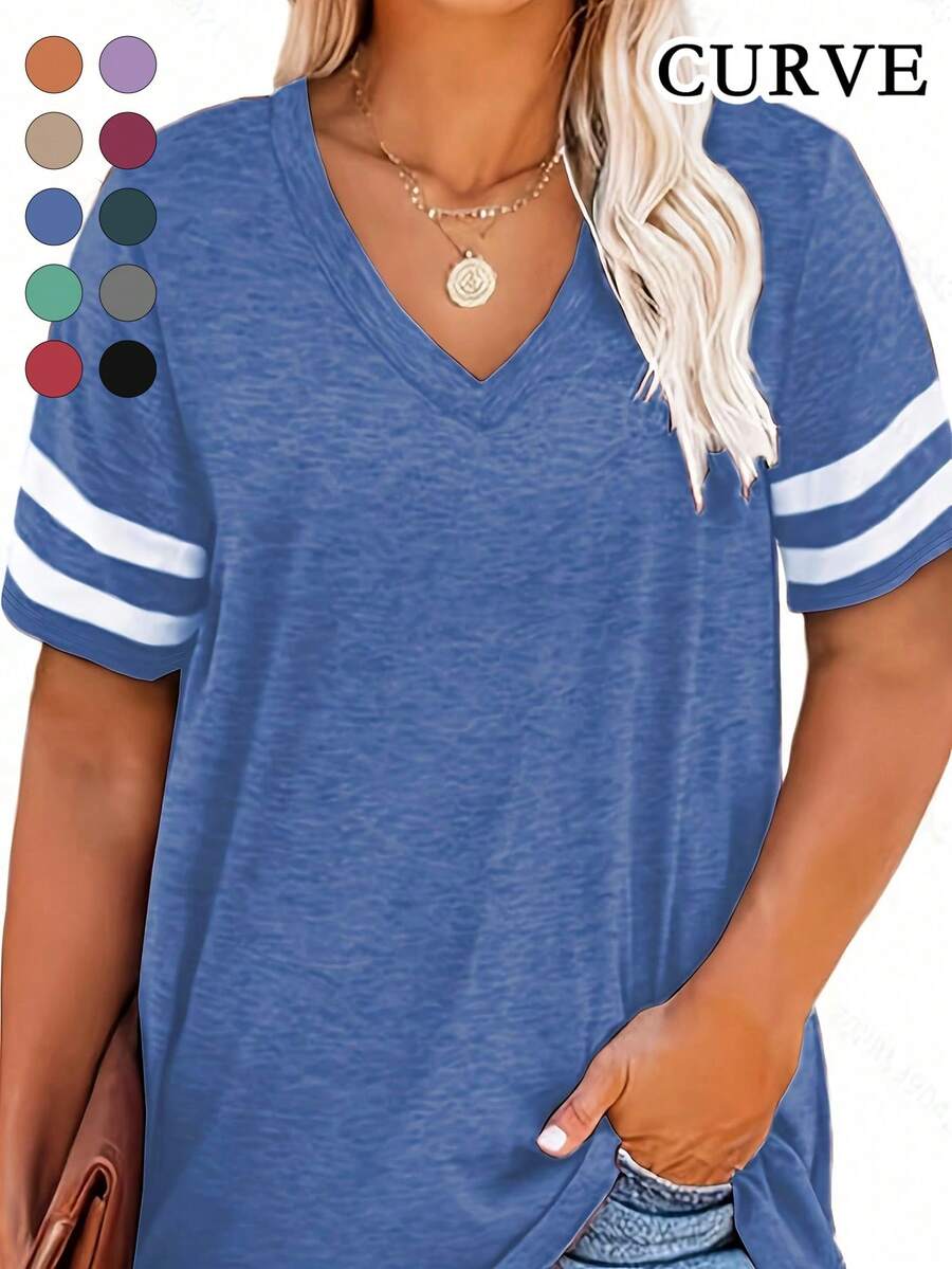 Plus Size V Neck Striped Casual Tee T-Shirt - Blue - View 1