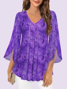 CheersLife Blusas casuales de mujer con mangas 3/4, blusas holgadas plisadas de malla con doble capa de flores