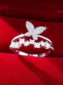1 pieza Elegante y glamoroso anillo de mujer con diseño de mariposa de doble capa en circonita cúbica, regalo para el Día de la Madre