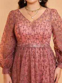 (无特定花型) V领透视长款灯笼袖喇叭下摆高端晚礼服 - 紅木色 - 查看 6