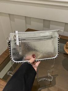 Geantă plic, poșetă clutch la modă, geantă de mână pentru femei argintiu metalic, geantă de mână cu umăr cu lanț, geantă pătrată mică cu fermoar - Argintiu strălucitor - Vizualizare 9