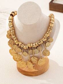 1pc Asymmetrical Vintage Coin Style Tassel Decor Necklace, Elegant Luxurious Look