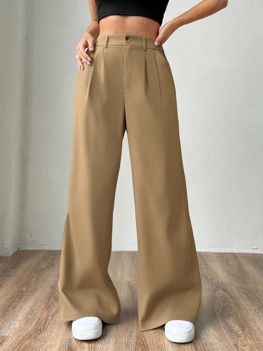 Pantalones holgados y casuales de pierna ancha con bolsillo, unicolor para mujeres - Caqui - Ver 1