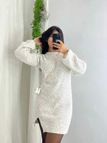 Knitted Midi Dress In Mousse Yarn With Slit Long Sleeves Winter - Cream - View 3