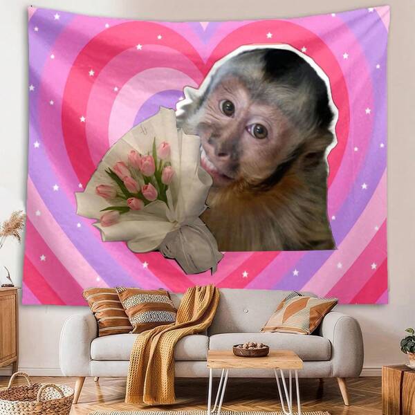 1pc Lovely Monkey & Tulip Tapestry, Pink Heart Pattern Wall Decor, Suitable For Living Room, Bedroom, Office, Kids Room, Game Room, Warm Hanging Decor, Pet & Floral Theme, All Season, Made Of Polyester, Comes With 3 Wall Nails And 2 Clips