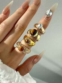 4 件套优雅奢华复古高端虎眼锆石镶嵌戒指套装，女士节日礼物派对珠宝，百搭日常佩戴配饰 - 彩色 - 查看 3