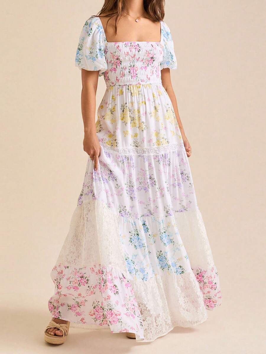 Women Floral Smocked Maxi Dress Short Puff Sleeve Square Neck Bohemian Flowy Dress Y2K Streetwear - Nhiều màu - Xem 1