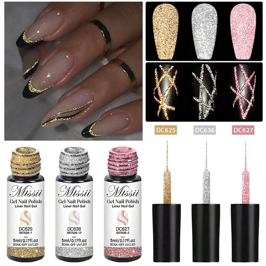 Mtssii 3pcs Reflective Glitter Nail Polish Set, Gold, Silver, Pink Spider Line UV Gel, Super Shiny French Line Graffiti Stripe DIY French Nail Art Design Gel Set, Removable Nail Polish Gel, Home Salon Gift For Women - 彩色 - 查看 1