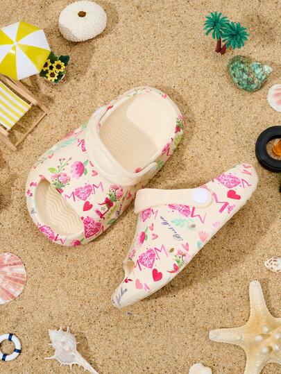 1 Pair Girls' Comfortable, Fashionable, Casual, Lightweight, Fresh, Heart & Floral Print, Versatile Indoor/Outdoor Beach Foam Slippers, Summer