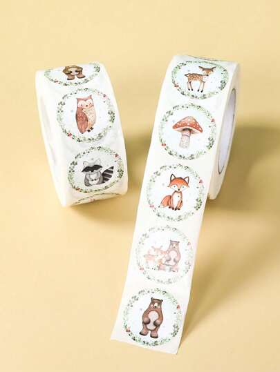 500pcs/Roll Woodland Animal Pattern Round Stickers, Woodland Animal Theme Wedding Birthday Babe Shower Gender Reveal Party Decoration Supplies, Party Gift Packaging Sticker Decoration, Cup Envelope Item Label Stickers