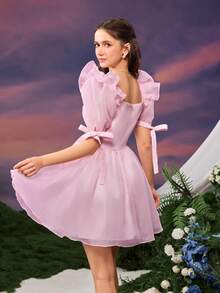 Faeriesty 心形领口泡泡袖蝴蝶结装饰A字连衣裙，适合春夏穿着，适合早午餐约会、公园散步、日常休闲穿着、咖啡聚会等场合，优雅粉色 - 粉色 - 查看 3