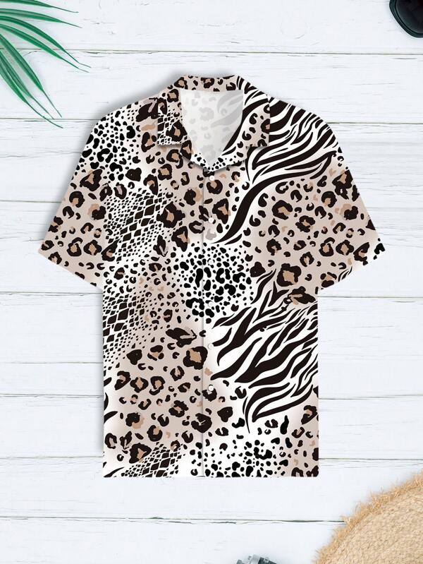 1pc New Fashion Leopard Print Casual Short Sleeve Shirt For Men, Versatile, Comfortable And Breathable, Showcasing Personal Charm!