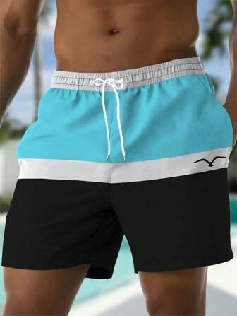Men's Printed Pattern Drawstring Waist Side Pockets Hawaian Breathable Double Layer Mesh Lined Shorts, 3D Seagull Color Block Design, Casual Beach Vacation Swim Trunks