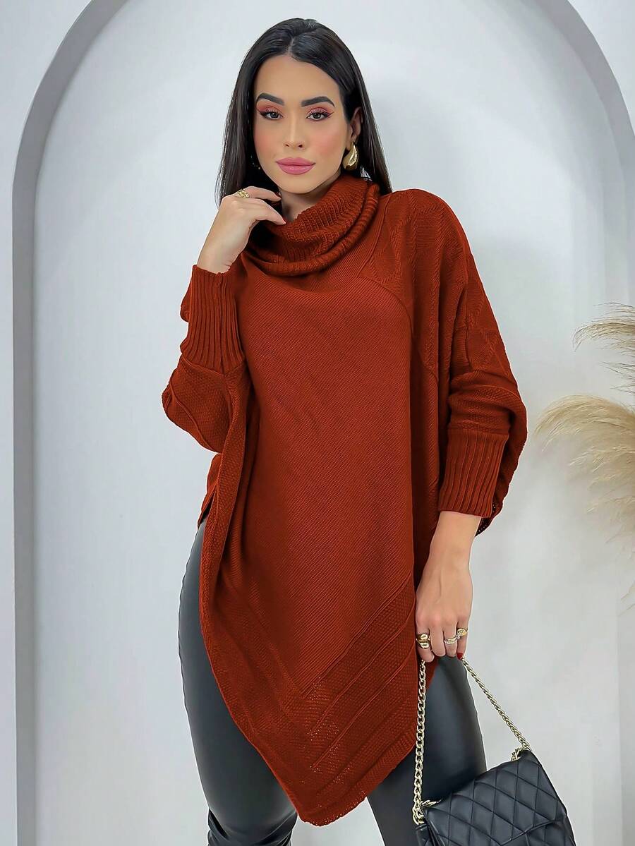 Swisz Women's Winter Poncho Knit Long Sleeve V-Neck Sweater With Scarf - 亮橙色 - 查看 1
