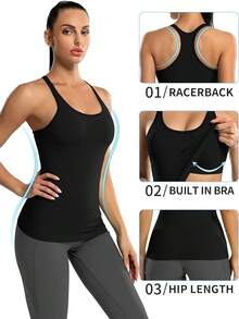 Camiseta sin mangas acanalada ATTRACO con sujetador incorporado para mujer, cuello de pico y espalda de tirantes apretados, top deportivo - Negro - Ver 6