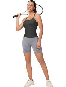 Workout Tops Women With Built In Bra, Sleeveless Gym Tops Seamless Racerback Athletic Yoga Shirts, Activewear - 碳灰色 - 查看 2