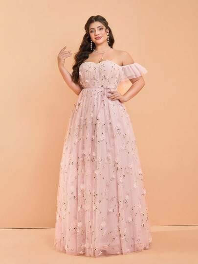 Plus Size Off Shoulder Embroidery Draped Mesh Maxi Wedding Dress, Bridesmaid Dress