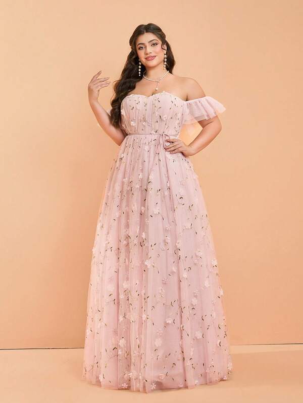 Plus Size Off Shoulder Embroidery Draped Mesh Maxi Wedding Dress, Bridesmaid Dress