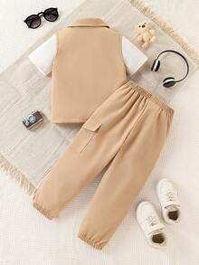 3pcs Boys' Summer Set: Vest, Letter Print T-Shirt, And Cargo Pants - Khaki - View 2
