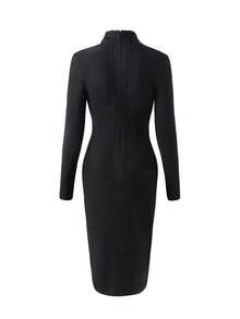 Bernatova 女士黑色V领长袖褶皱绷带派对连衣裙，优雅鸡尾酒会正式礼服，适合生日、婚礼宾客、毕业典礼、晚宴、返校节等场合。 - 黑色 - 查看 11