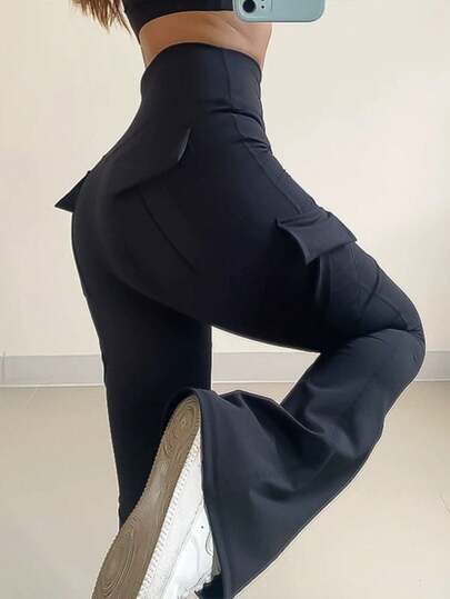 Y2K Wide Waistband High Stretch Pocket Booty Workout Lifting Athletic Gym Flare Leg Leggings Cargo Pants