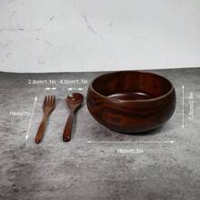 1 Wooden Bowl + 1 Spoon + 1 Fork Jujube Wood Handmade Round Wooden Bowl, Japanese Style Insulated Salad Bowl Set For Restaurant