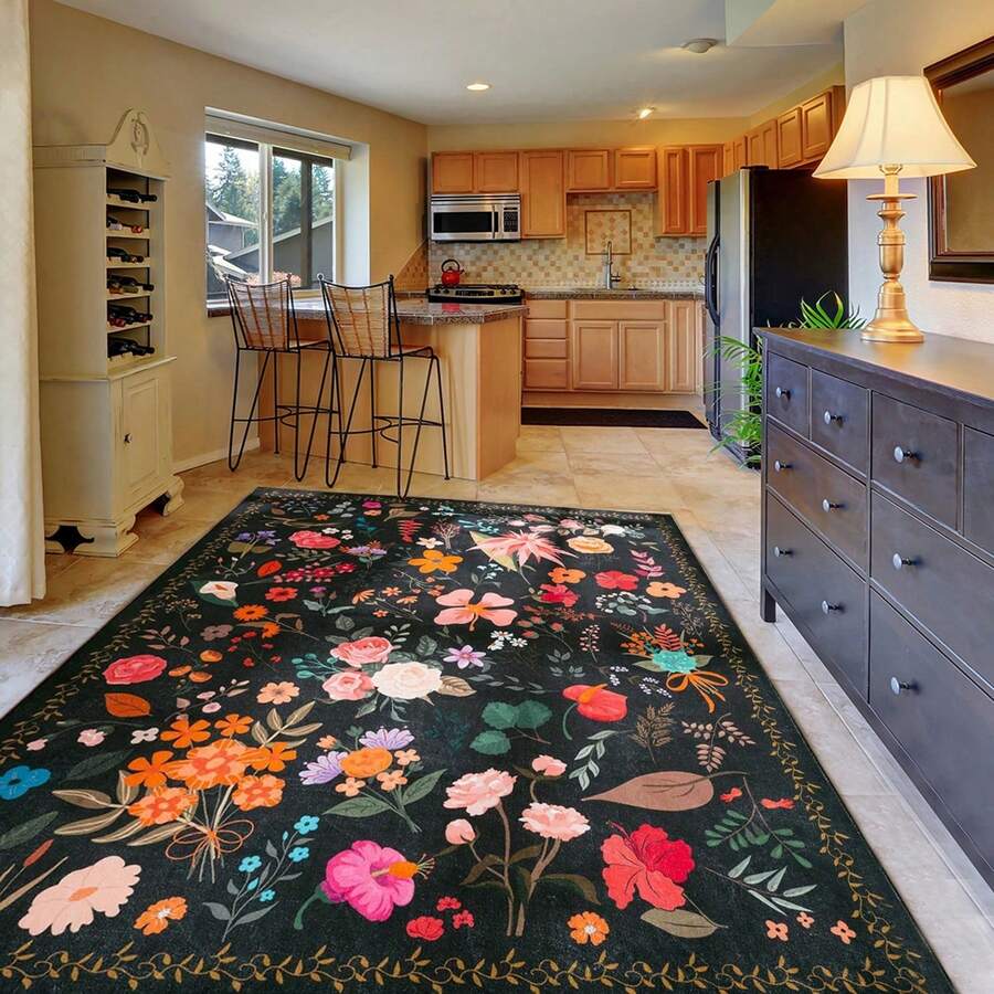 Living Room Rug  Floral Boho Washable Area Rugs Non Slip Low Pile Vintage Large Rugs For Bedroom Farmhouse Dining Room Kids Playroom,Non-Slip &Durable - màu đen - Xem 1