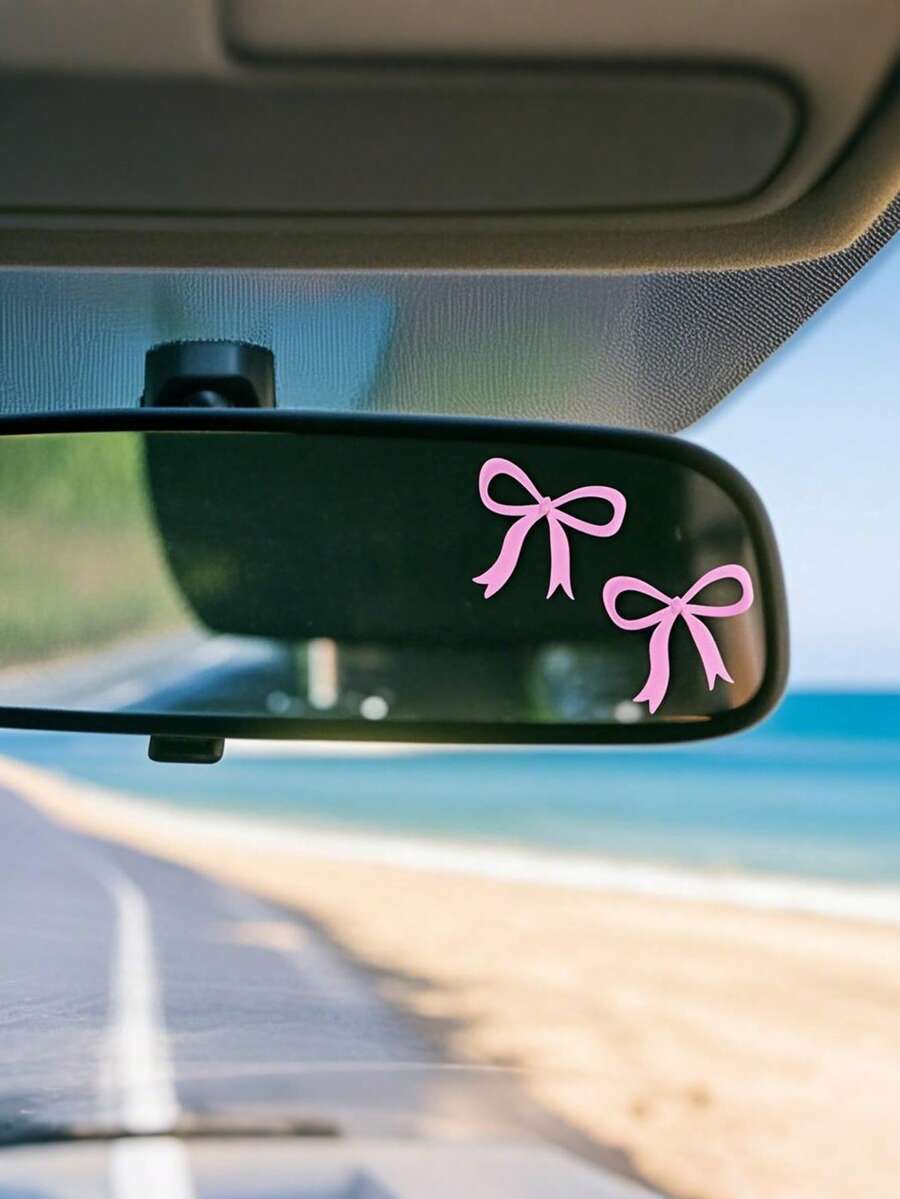 2pcs Cute Pink Bow Decor Creative Mini Car Rearview Mirror Stickers, Suitable For All Vehicles - Multicolor - View 1