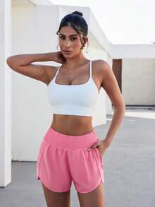 Women's Sports Shorts, High Waisted Running Shorts, Pocket Sports Shorts, Gym Elastic Exercise Shorts - Pink - View 5
