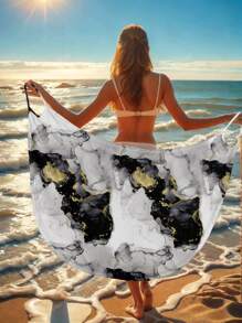 Casual Summer Beach Holiday Marble Print Wrap-Around Tank Dress For Women
