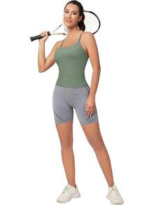 Workout Tops Women With Built In Bra, Sleeveless Gym Tops Seamless Racerback Athletic Yoga Shirts, Activewear - 灰綠色 - 查看 8