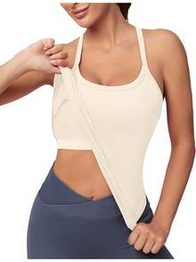 Workout Tops Women With Built In Bra, Sleeveless Gym Tops Seamless Racerback Athletic Yoga Shirts, Activewear - 象牙 - 查看 1