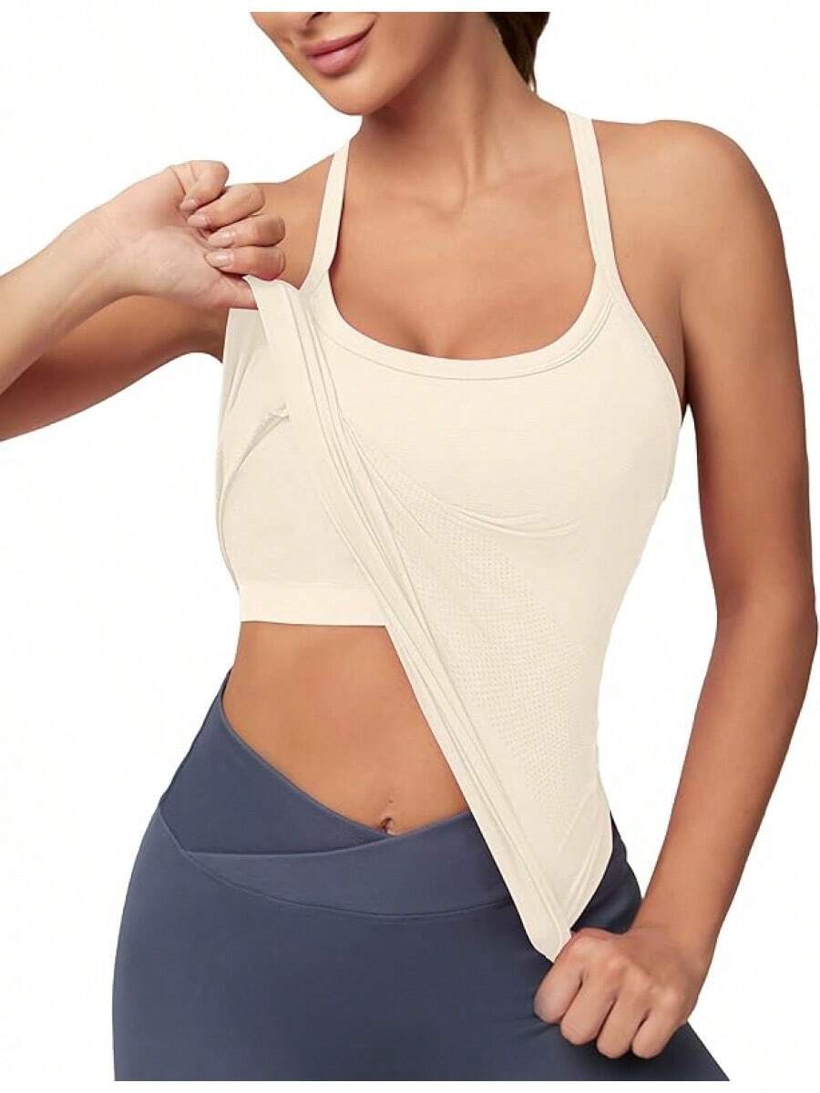 Workout Tops Women With Built In Bra, Sleeveless Gym Tops Seamless Racerback Athletic Yoga Shirts, Activewear - 象牙 - 查看 1
