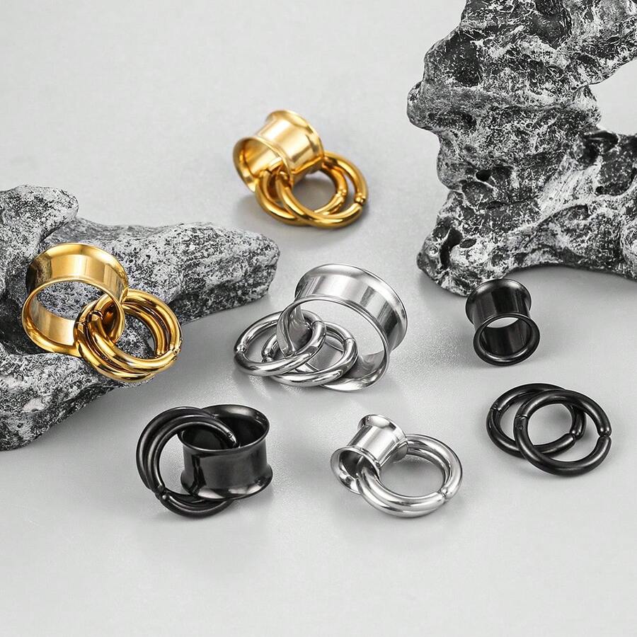 2PCS 316 Stainless Steel Round Ear Tunnels With 2 Smooth Loop Rings Expander Piercing Women Body Jewelry Plugs Stretcher New Arrival - Multicolor - View 1