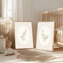 Set di 2 stampe su tela con motivo Gingham beige, raffiguranti oche, senza cornice, opere d'arte da parete per la cameretta, camera da letto, soggiorno, decorazione moderna per la casa